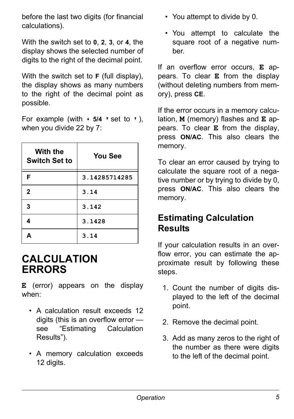 Calculation errors, Estimating calculation results, Remove the decimal point | NexxTech 6500542 User Manual | Page 5 / 12