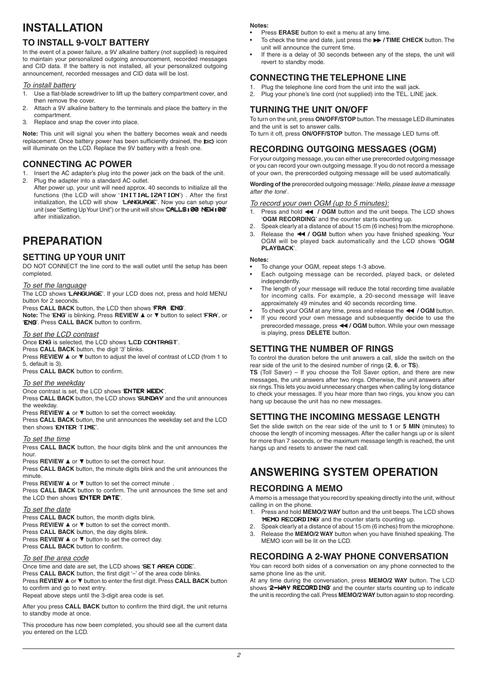 Installation, Preparation, Answering system operation | Connecting ac power, Setting up your unit, Connecting the telephone line, Turning the unit on/off, Recording outgoing messages (ogm), Setting the number of rings, Setting the incoming message length | NexxTech 4313385 User Manual | Page 2 / 5