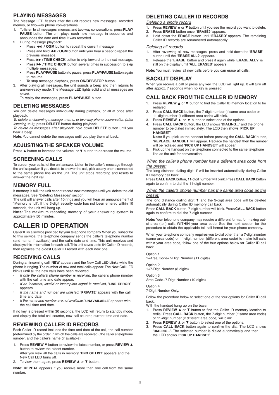 Caller id operation, Playing messages, Deleting messages | Adjusting the speaker volume, Screening calls, Receiving calls, Reviewing caller id records, Deleting caller id records, Backlit display | NexxTech 4313385 User Manual | Page 3 / 5