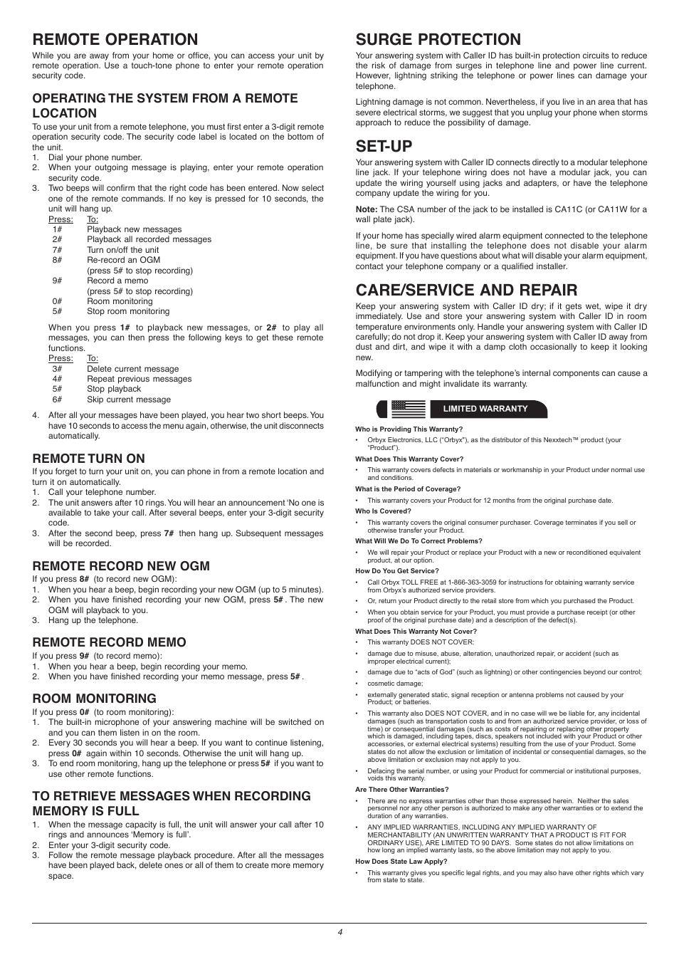 Remote operation, Surge protection, Set-up | Care/service and repair, Operating the system from a remote location, Remote turn on, Remote record new ogm, Room monitoring | NexxTech 4313385 User Manual | Page 4 / 5