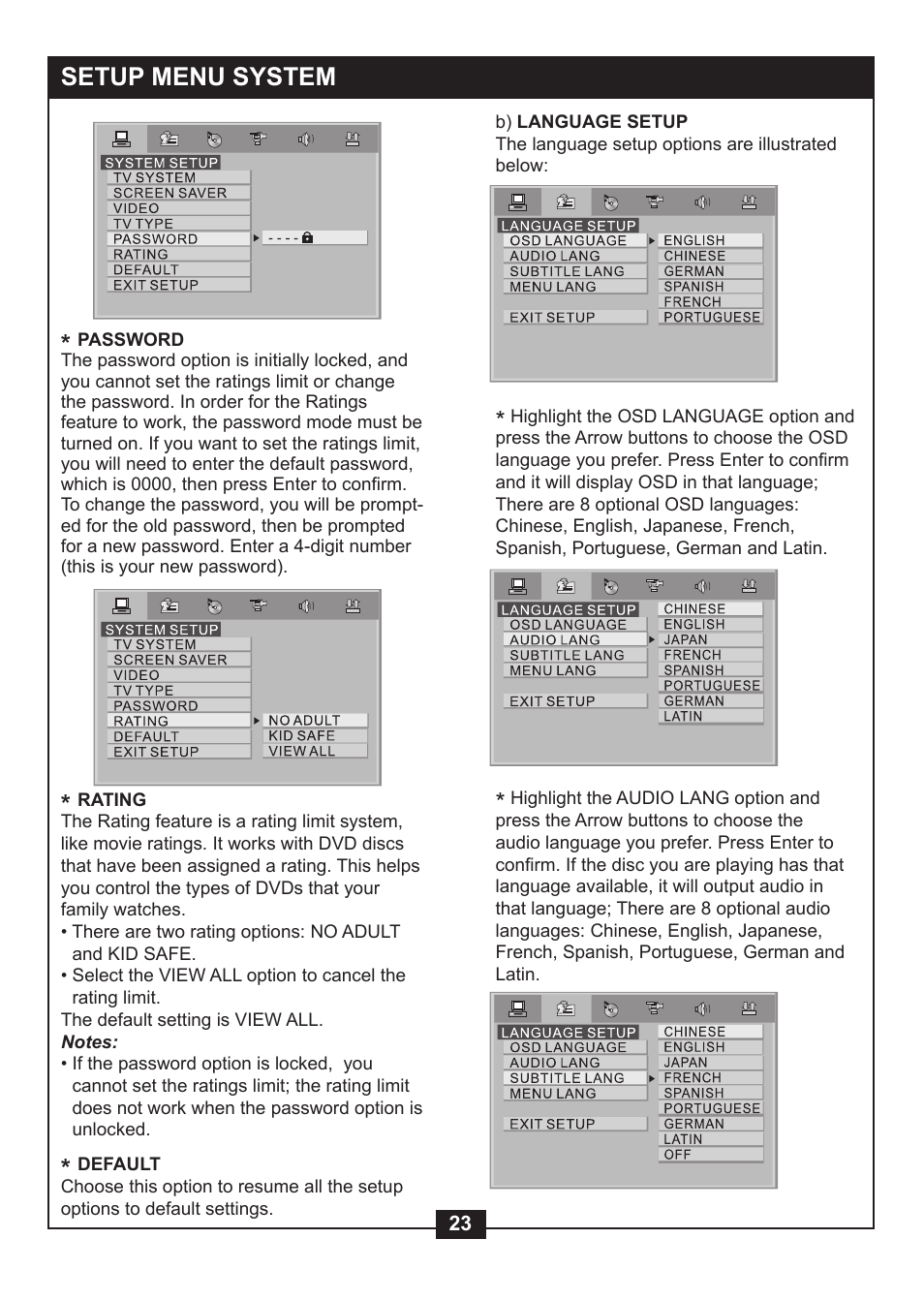 Setup menu system | NexxTech super slim divx/mpeg4 dvd player 1617008E User Manual | Page 25 / 33