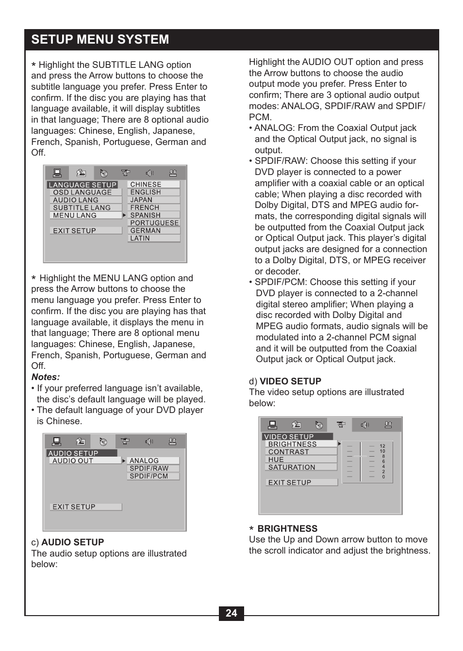 Setup menu system | NexxTech super slim divx/mpeg4 dvd player 1617008E User Manual | Page 26 / 33