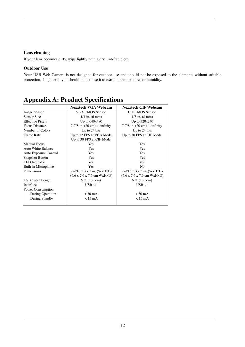 Appendix a: product specifications, 12 maintenance tips | NexxTech USB Web Camera User Manual | Page 14 / 16