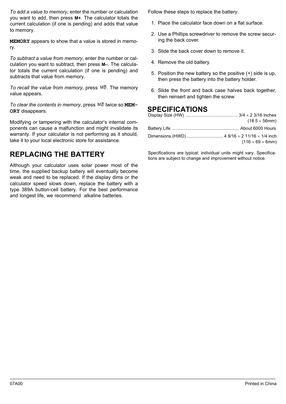 Replacing the battery, Place the calculator face down on a flat surface, Slide the back cover down to remove it | Remove the old battery, Specifications | NexxTech 6500505 User Manual | Page 2 / 3