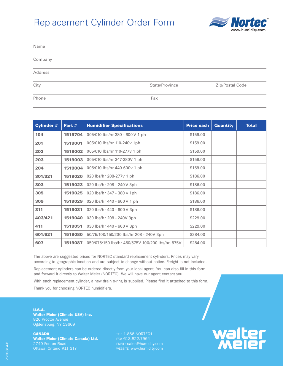 Remember to check your cylinders regularly, Replacement cylinder order form | Nortec Industries Electric Steam Humidifiers User Manual | Page 2 / 2