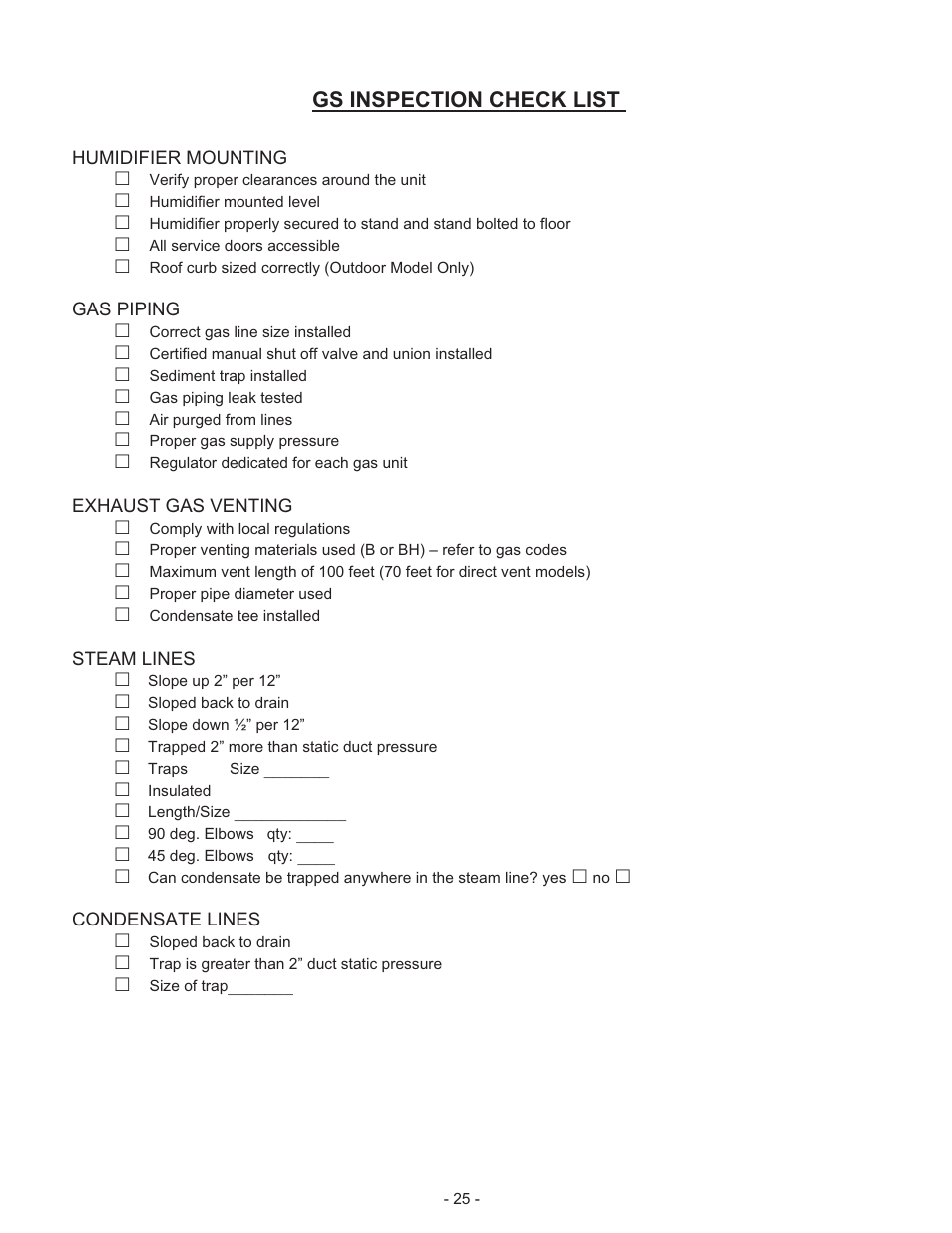 Gs inspection check list | Nortec Industries GS Series User Manual | Page 29 / 78