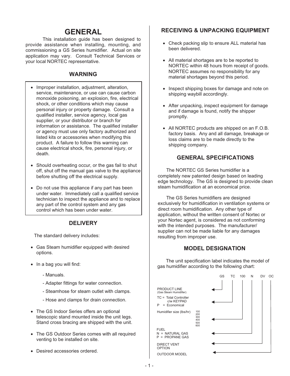 General, Warning, Delivery | Receiving & unpacking equipment, General specifications, Model designation | Nortec Industries GS Series User Manual | Page 5 / 78