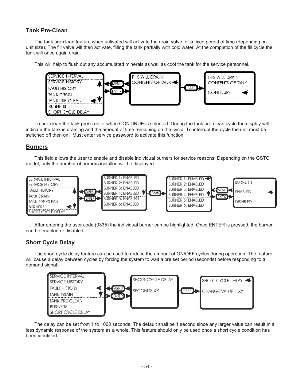 Tank pre-clean, Burners, Short cycle delay | Nortec Industries GS Series User Manual | Page 58 / 78