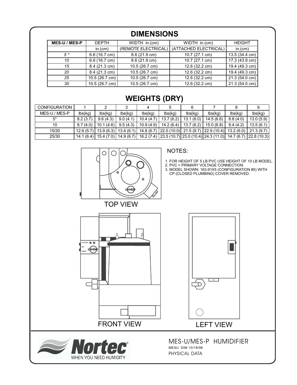 Weights (dry) dimensions, Left view front view top view, Mes-u/mes-p humidifier | Nortec Industries MES-U User Manual | Page 9 / 14