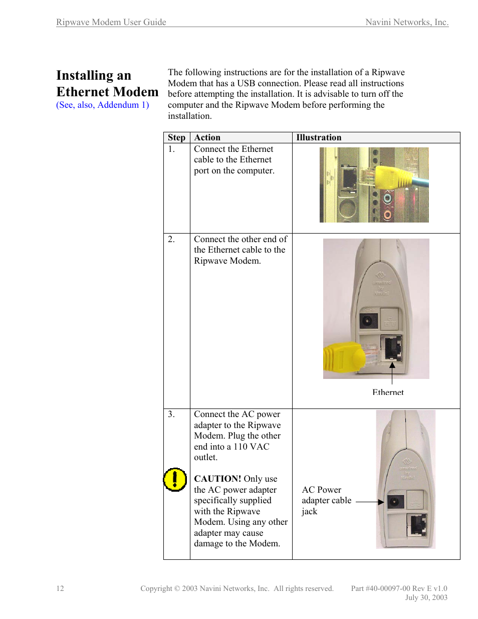 Installing an ethernet modem, Illustration | Navini Networks Ripwave 40-00097-00 User Manual | Page 12 / 41