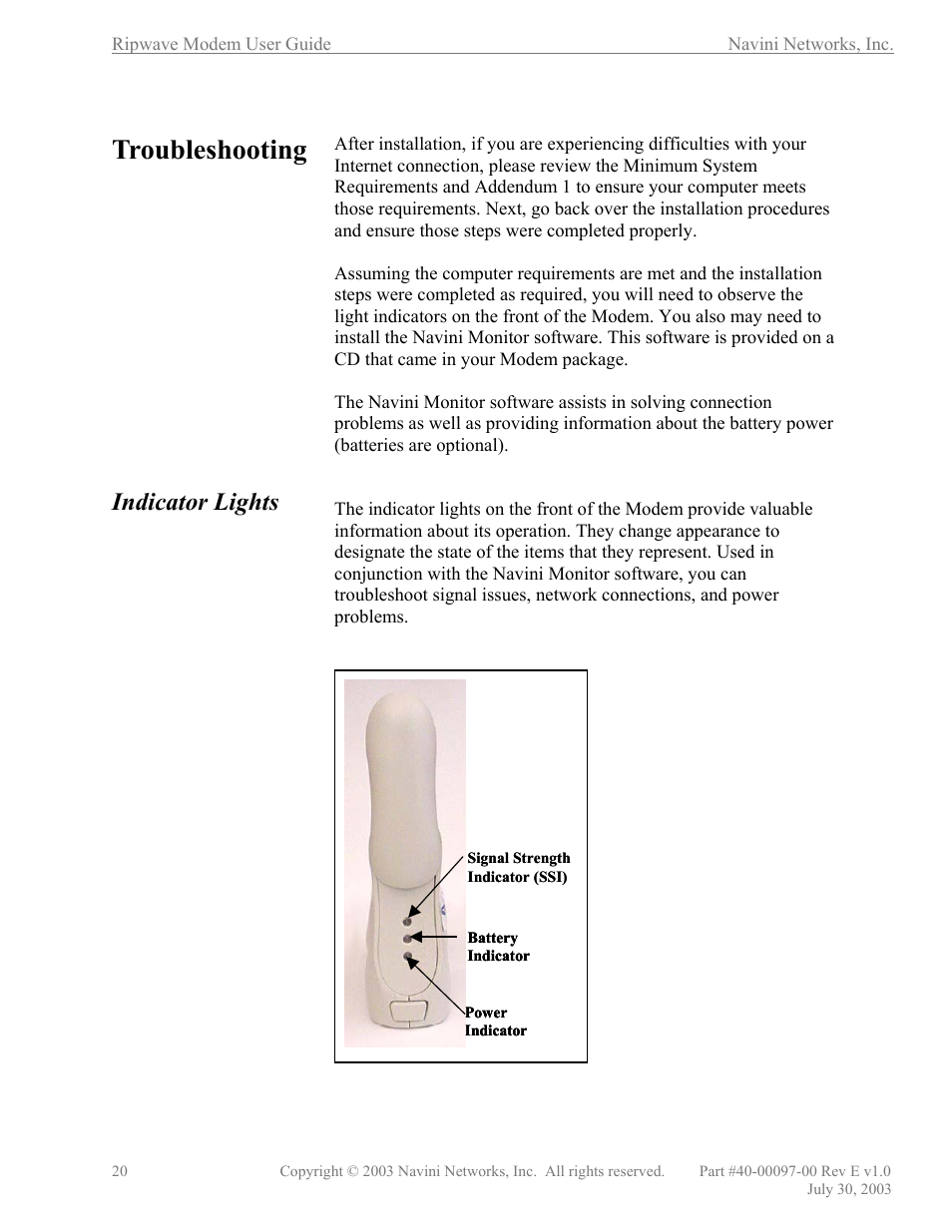 Troubleshooting, Indicator lights | Navini Networks Ripwave 40-00097-00 User Manual | Page 20 / 41