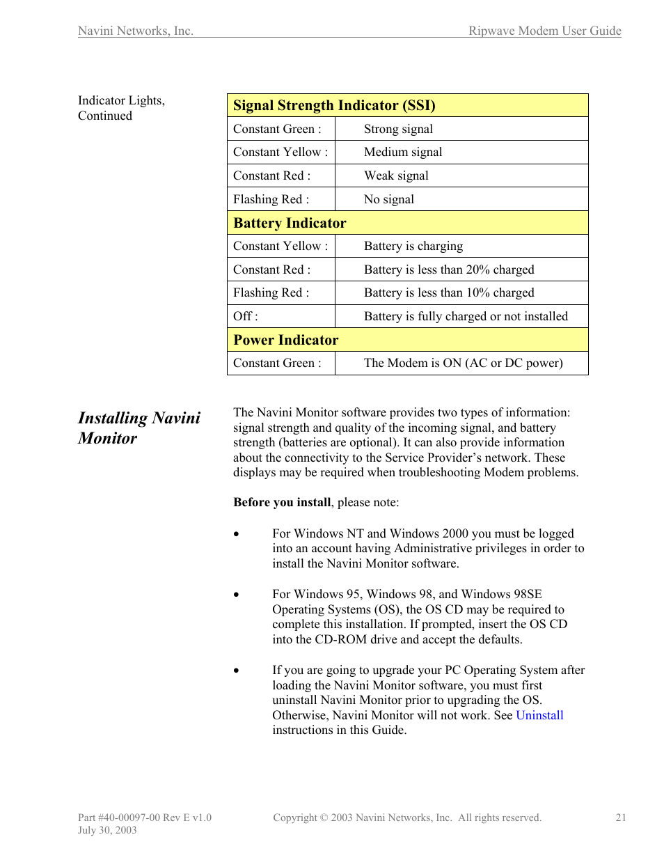 Installing navini monitor, Power indicator | Navini Networks Ripwave 40-00097-00 User Manual | Page 21 / 41
