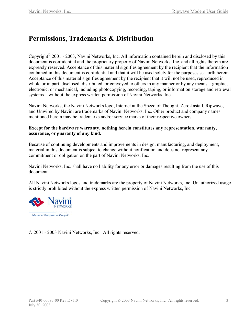 Permissions, trademarks & distribution | Navini Networks Ripwave 40-00097-00 User Manual | Page 3 / 41