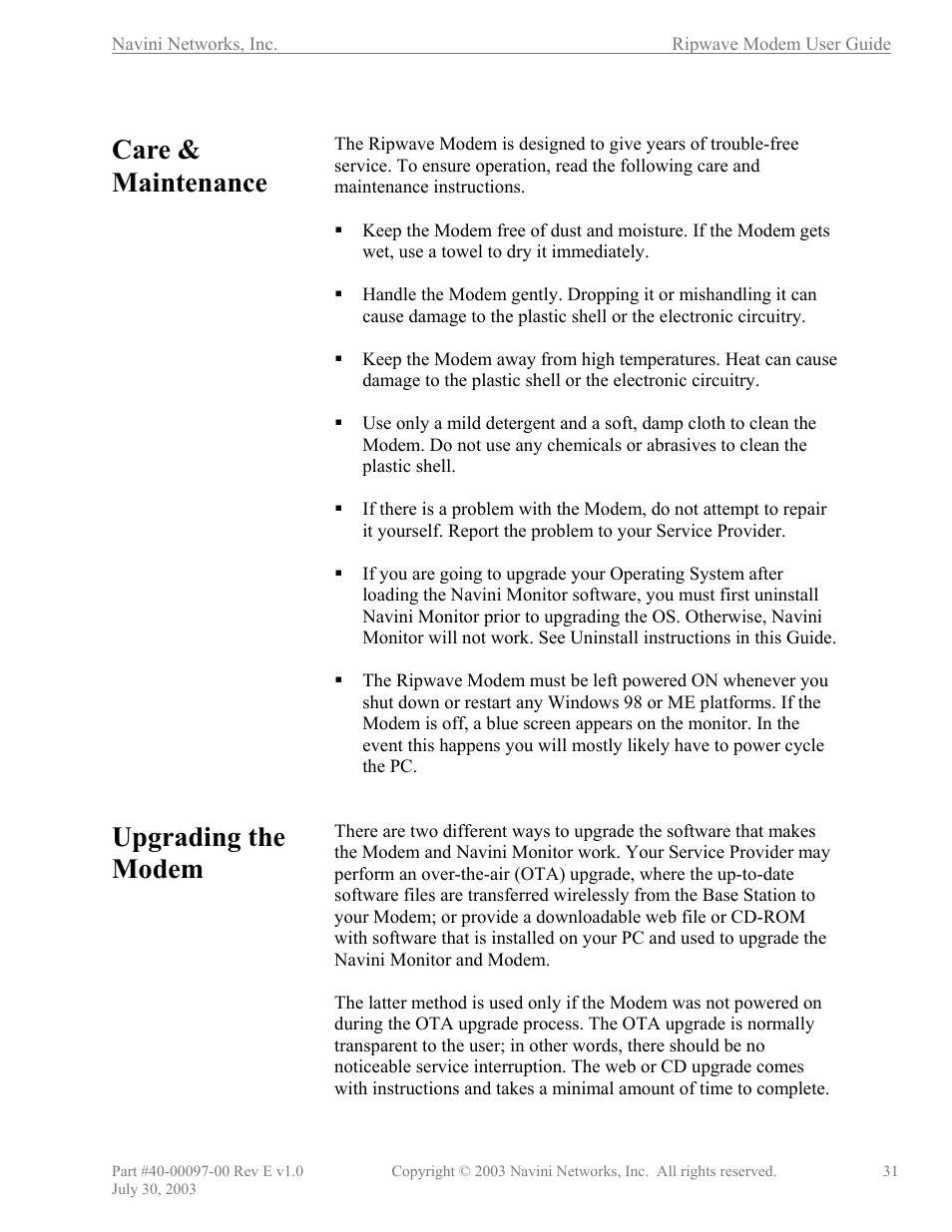 Care & maintenance, Upgrading the modem | Navini Networks Ripwave 40-00097-00 User Manual | Page 31 / 41