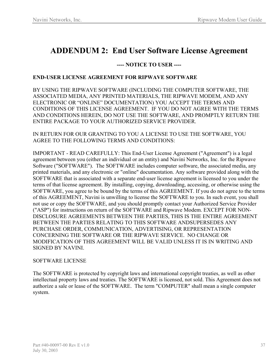 Addendum 2: end user software license agreement | Navini Networks Ripwave 40-00097-00 User Manual | Page 37 / 41