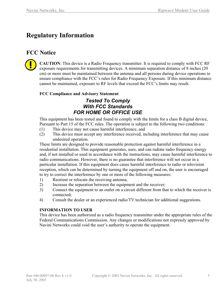 Regulatory information, Fcc notice | Navini Networks Ripwave 40-00097-00 User Manual | Page 5 / 41