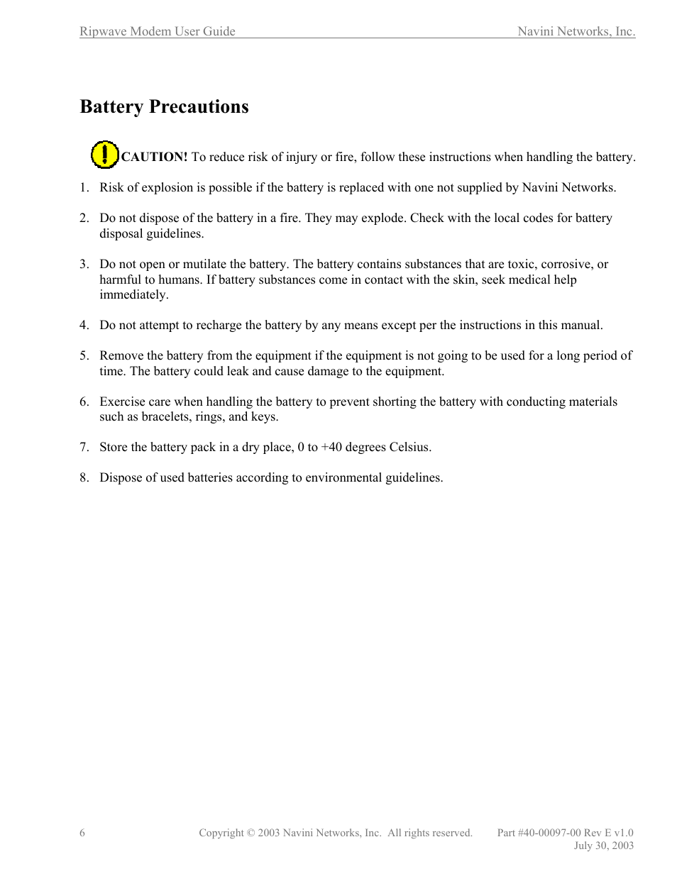 Battery precautions | Navini Networks Ripwave 40-00097-00 User Manual | Page 6 / 41