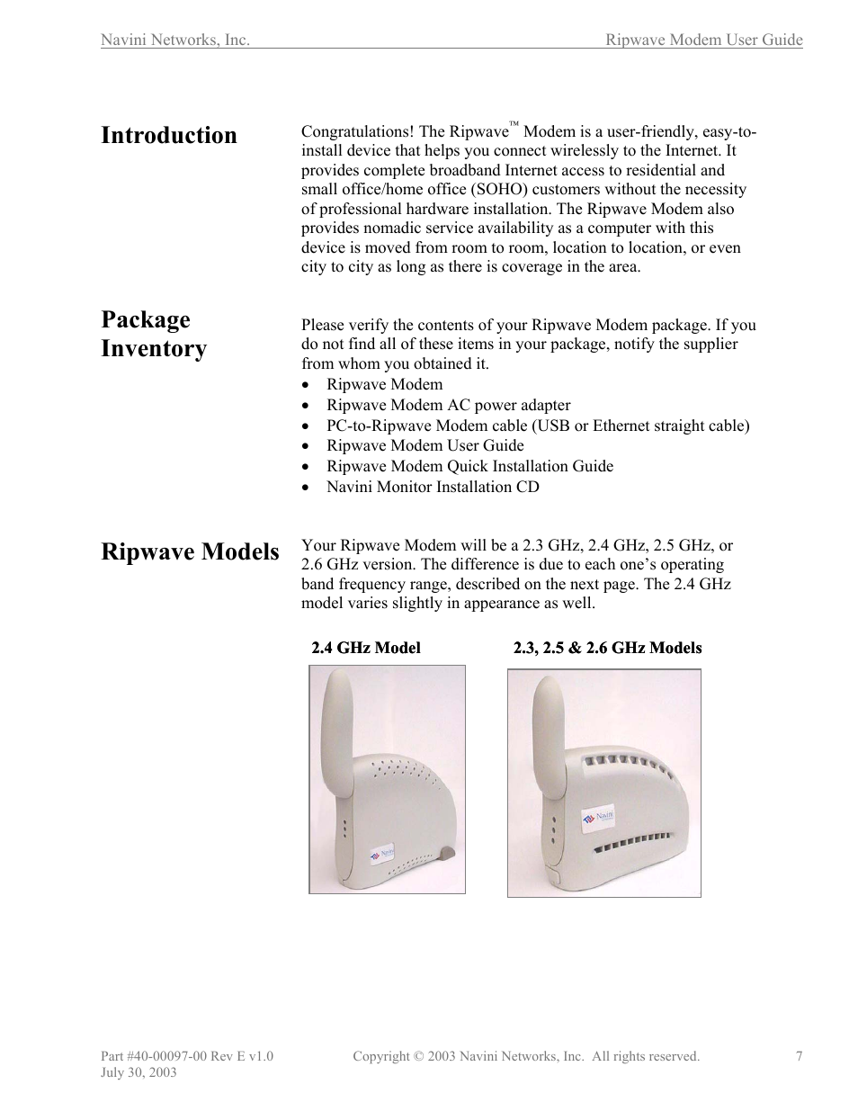 Introduction, Package inventory, Ripwave models | Navini Networks Ripwave 40-00097-00 User Manual | Page 7 / 41