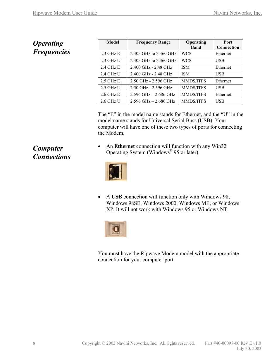 Operating frequencies, Computer connections | Navini Networks Ripwave 40-00097-00 User Manual | Page 8 / 41