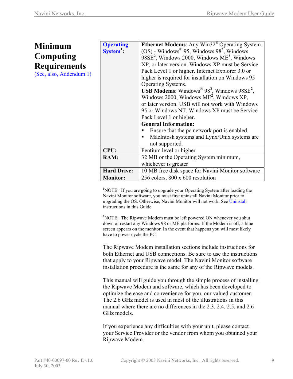 Minimum computing requirements | Navini Networks Ripwave 40-00097-00 User Manual | Page 9 / 41