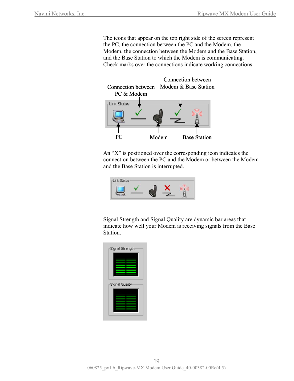 The icons, The signal strength and signal quality bars, Cons | Ignal, Trength and, Uality, The signal trength and ignal quality bars | Navini Networks Ripwave MX User Manual | Page 19 / 42