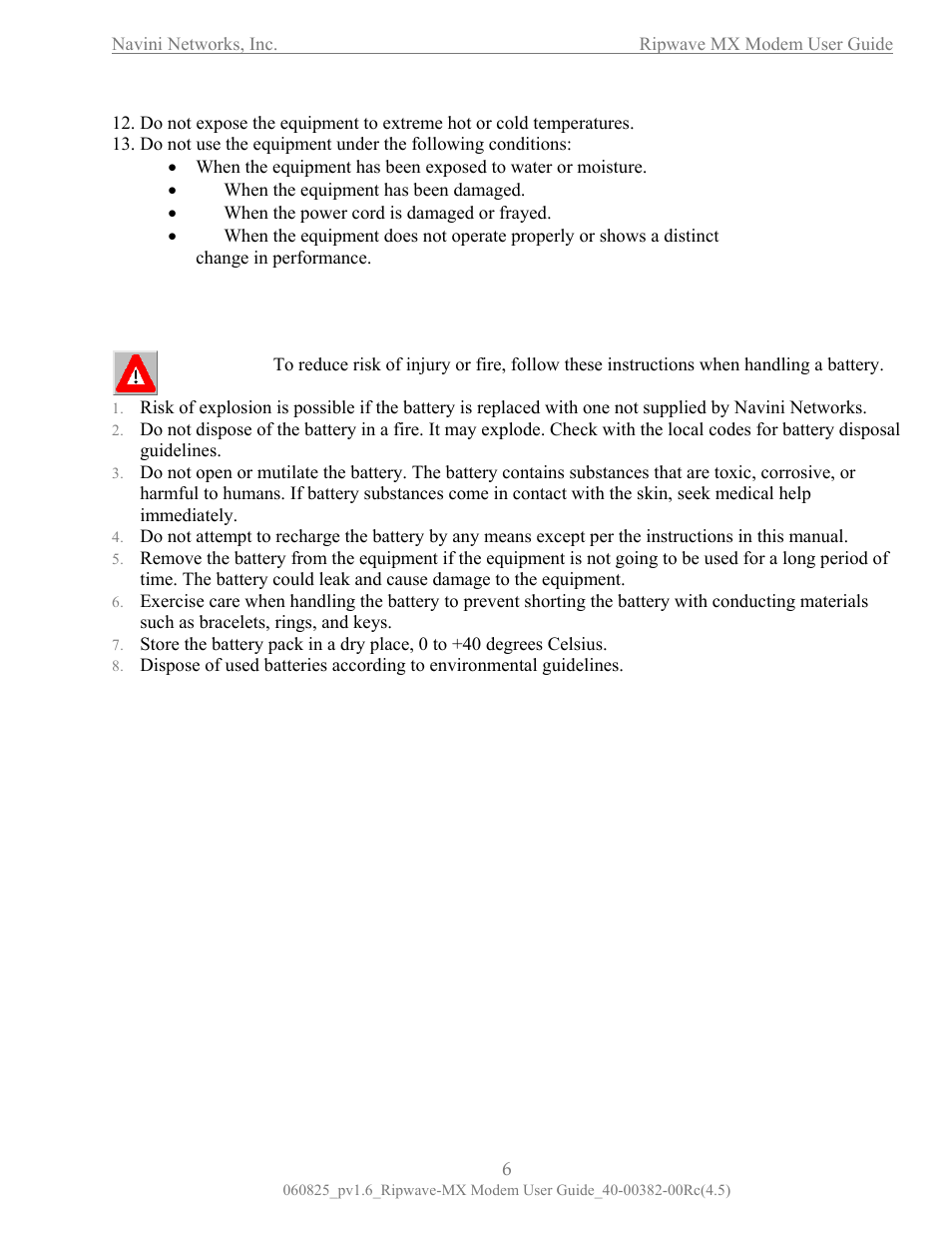 Battery caution & procedures | Navini Networks Ripwave MX User Manual | Page 6 / 42