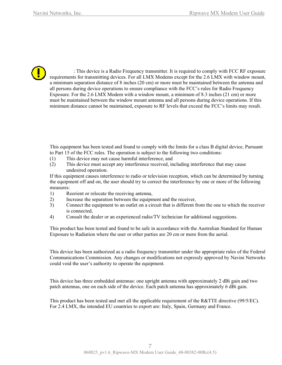 Regulatory information | Navini Networks Ripwave MX User Manual | Page 7 / 42