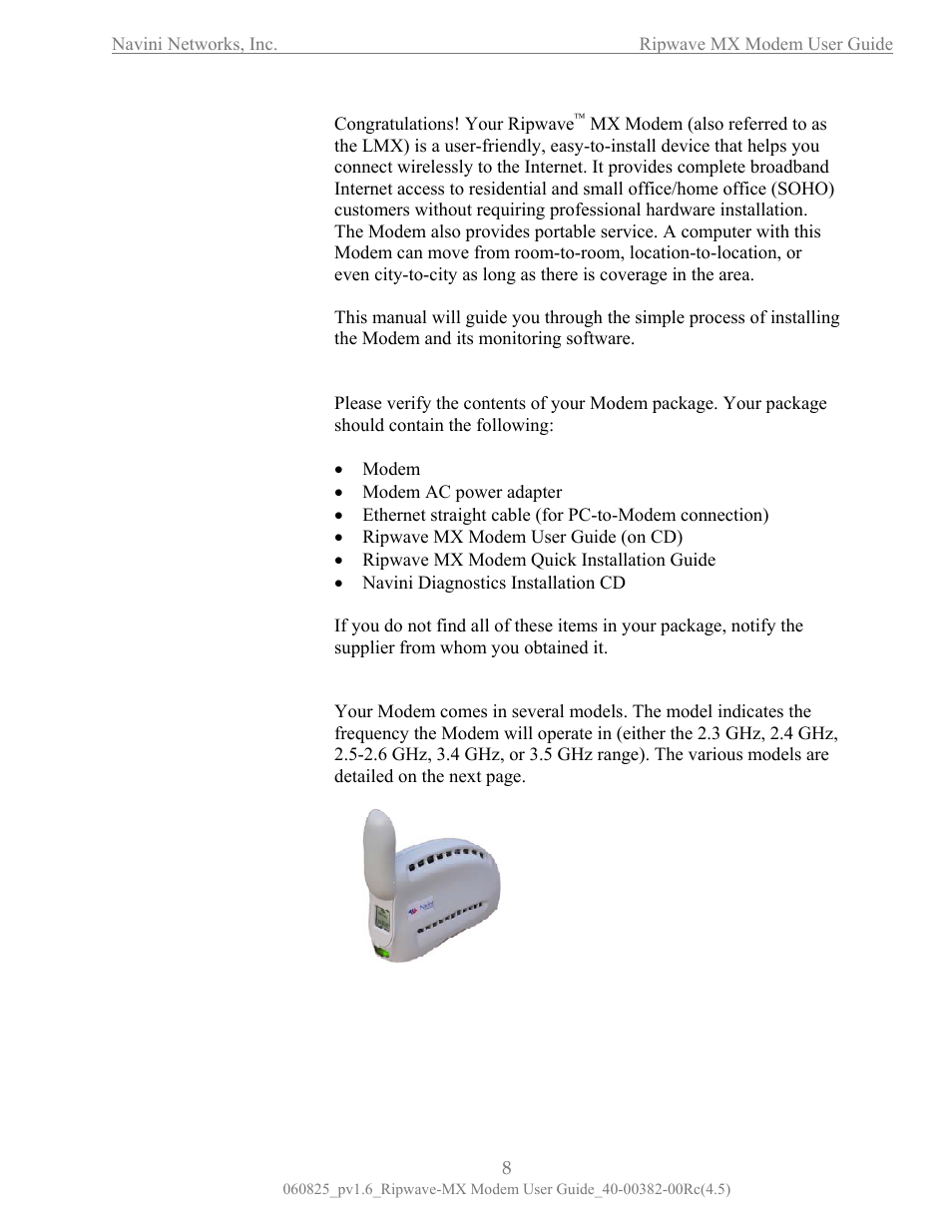Introduction, Package inventory, Modem models | Navini Networks Ripwave MX User Manual | Page 8 / 42