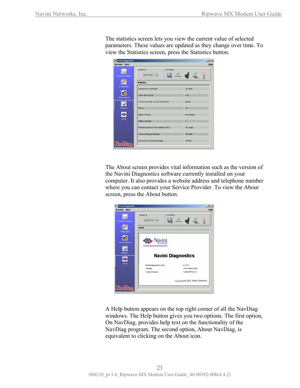 The statistics he about screen, Screen, The help button | Navini Networks Ripwave User Manual | Page 23 / 41