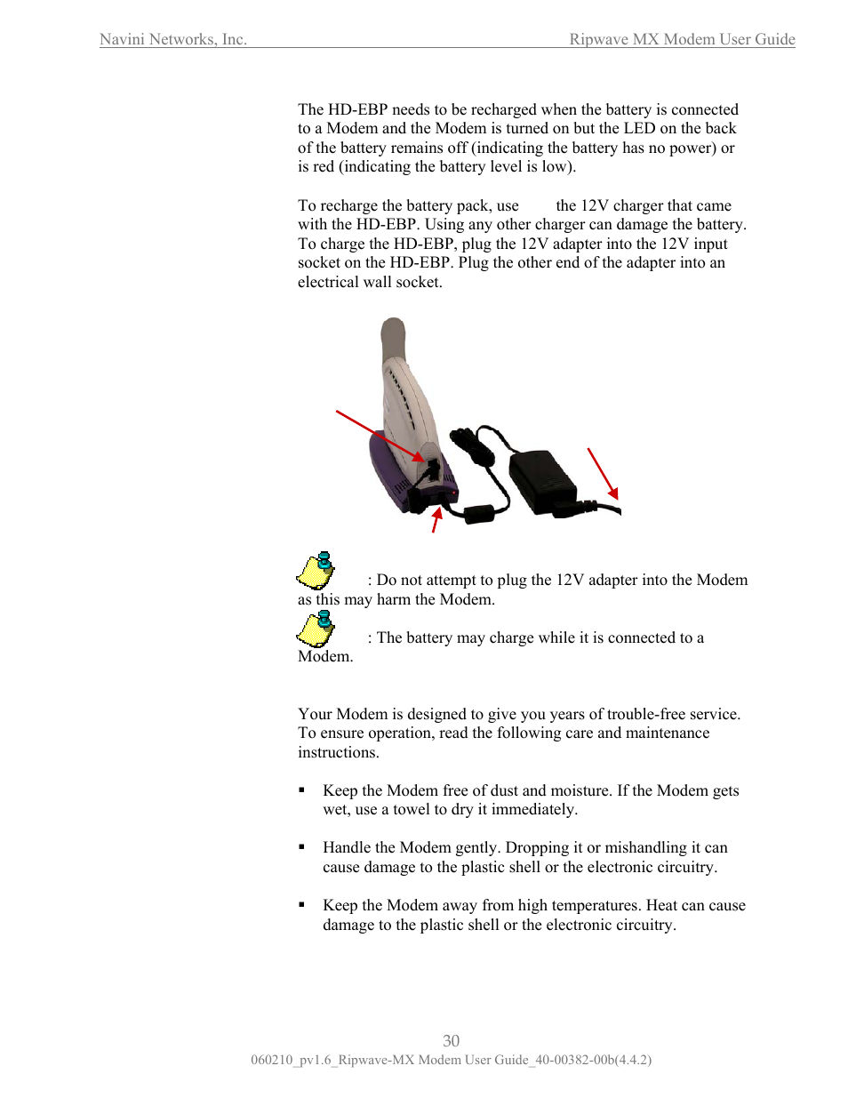 Are and aintenance, Charging the hd-ebp | Navini Networks Ripwave User Manual | Page 30 / 41