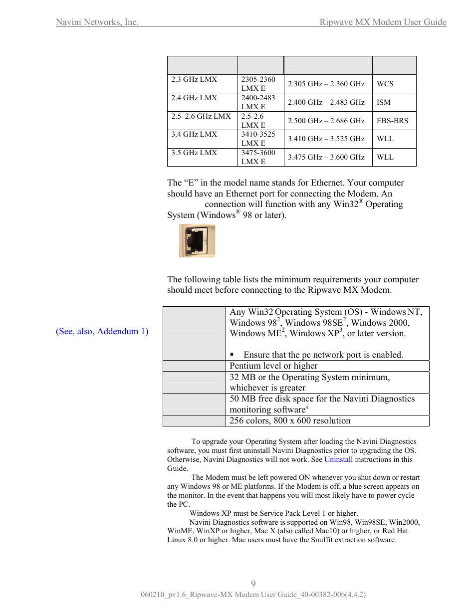 Inimum omputing equirements, M c r, Operating frequencies | Navini Networks Ripwave User Manual | Page 9 / 41