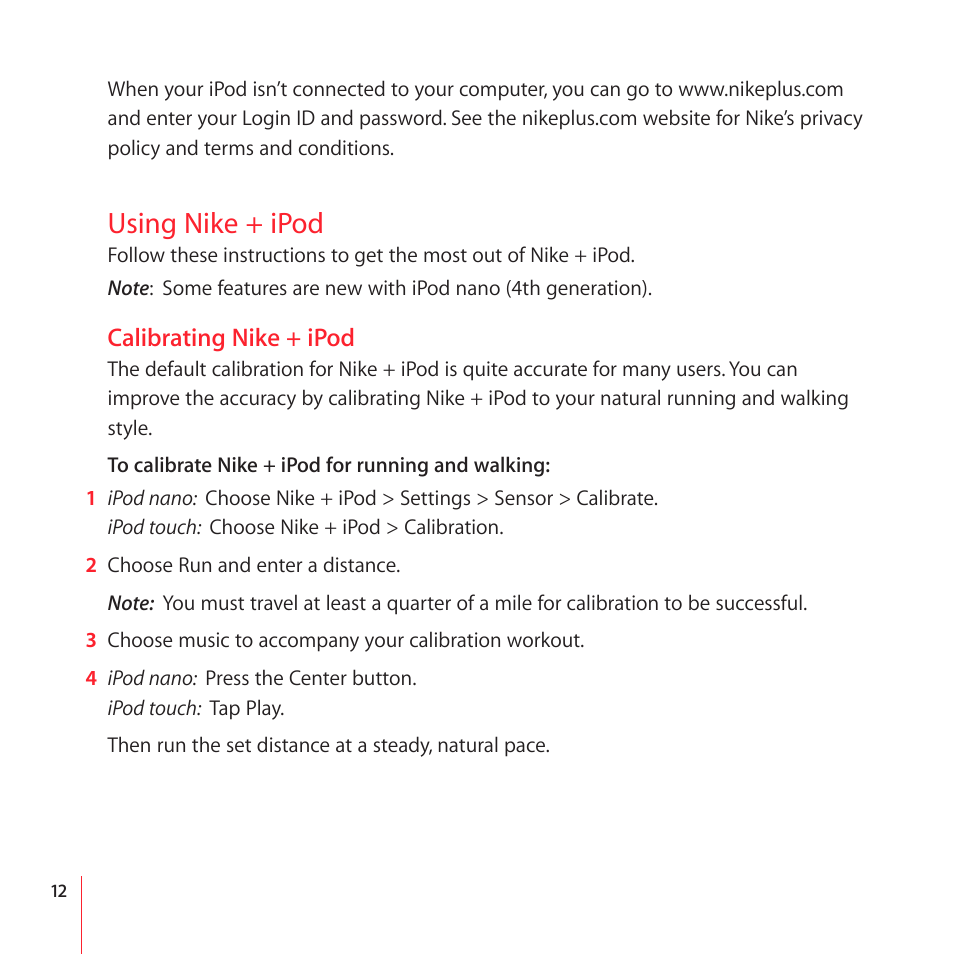 Using nike + ipod, Calibrating nike + ipod | Nike + IPOD User Manual | Page 12 / 28
