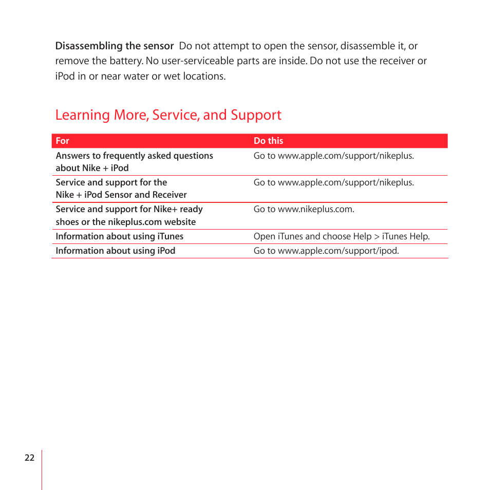 Learning more, service, and support | Nike + IPOD User Manual | Page 22 / 28