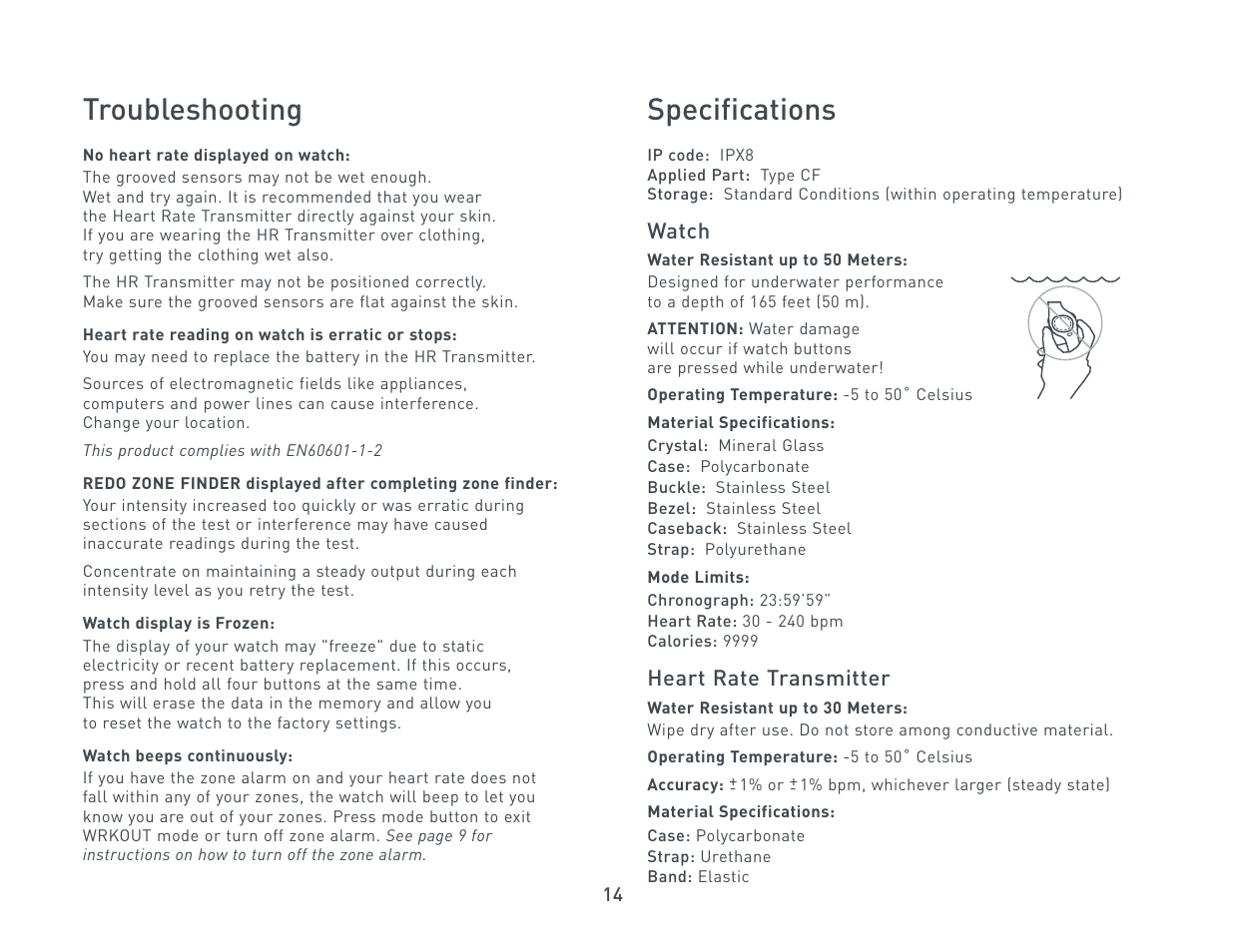 Troubleshooting, Specifications, Watch | Heart rate transmitter | Nike C6 User Manual | Page 14 / 14