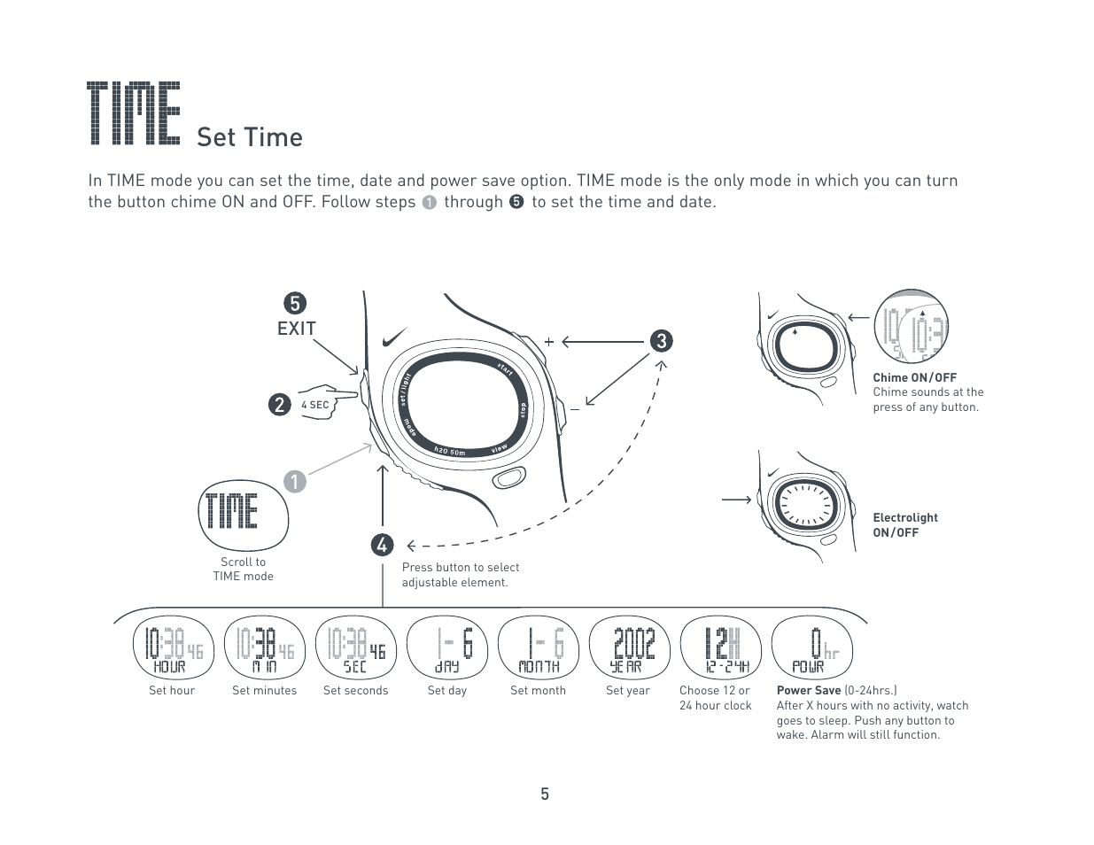 Set time, Exit | Nike C6 User Manual | Page 5 / 14