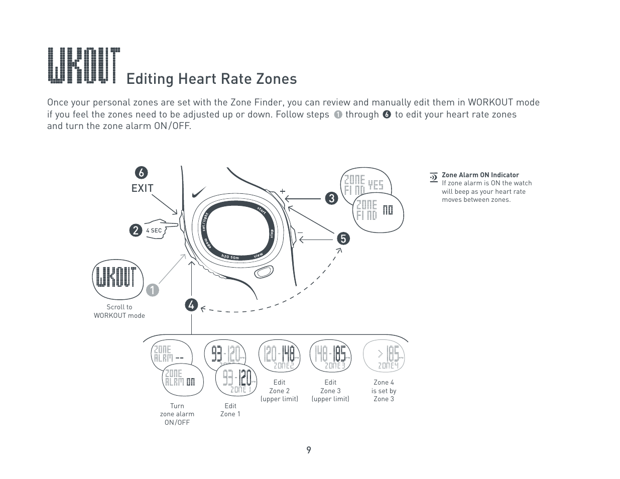 Editing heart rate zones, Exit | Nike C6 User Manual | Page 9 / 14