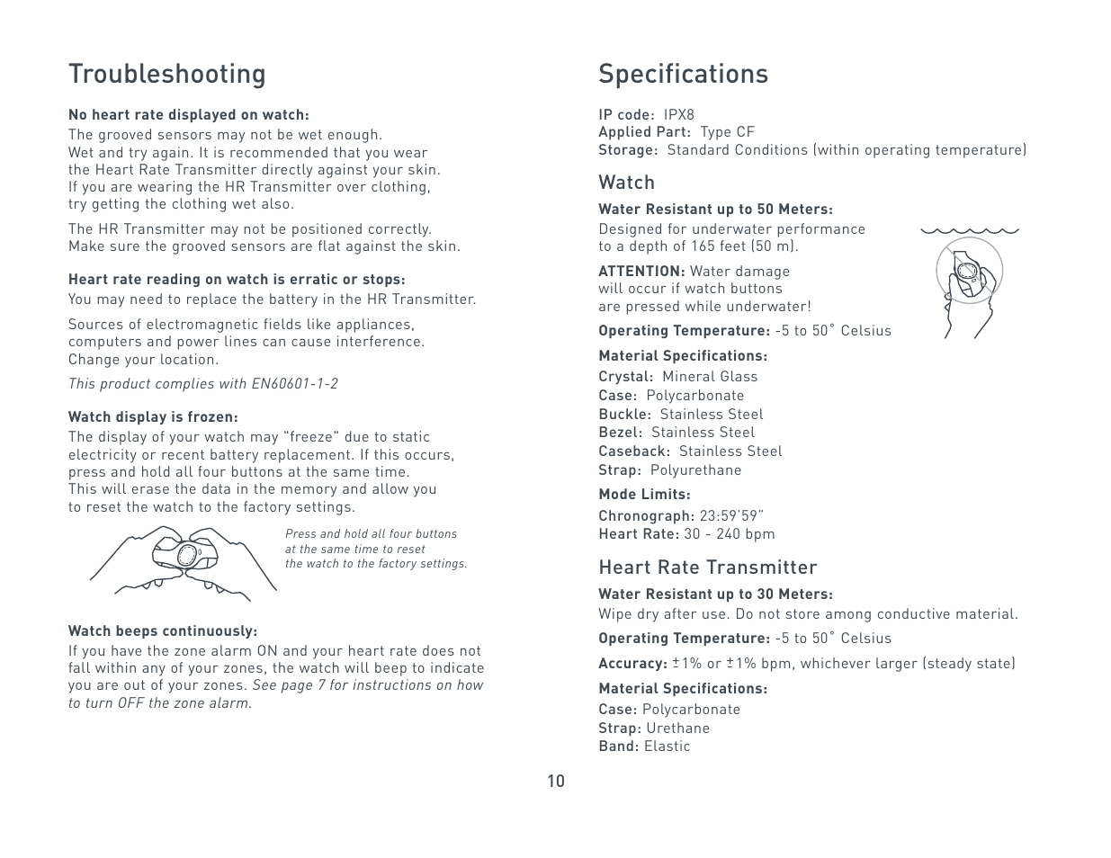 Troubleshooting, Specifications, Watch | Heart rate transmitter | Nike Triax C5 User Manual | Page 10 / 12