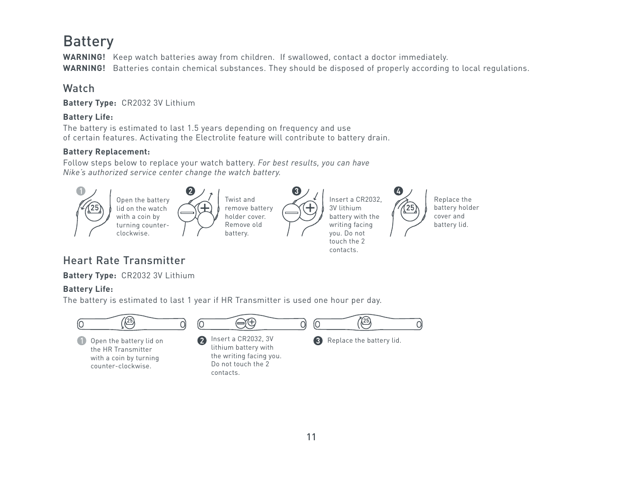 Battery, Watch, Heart rate transmitter | Nike Triax C5 User Manual | Page 11 / 12