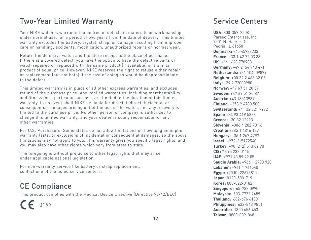 Two-year limited warranty, Ce compliance, Service centers | Nike Triax C5 User Manual | Page 12 / 12