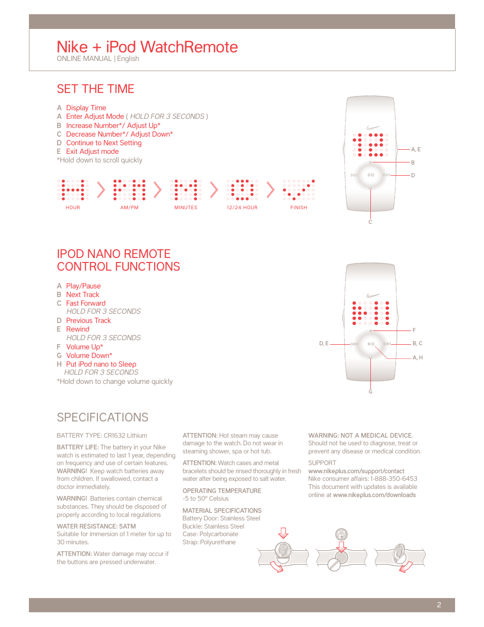 Nike + ipod watchremote, Ipod nano remote control functions, Specifications set the time | Nike + iPod Watchremote User Manual | Page 2 / 2