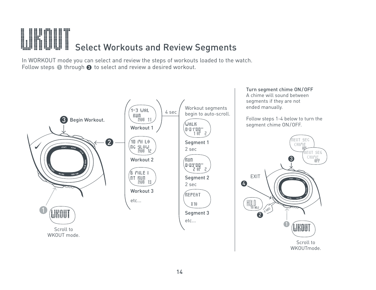 Select workouts and review segments | Nike Triax Elite HRM/SDM User Manual | Page 14 / 27