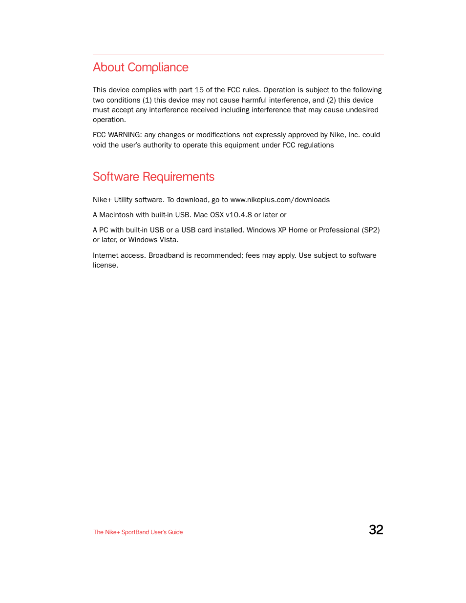 About compliance, Software requirements | Nike + SPORTBAND User Manual | Page 32 / 32