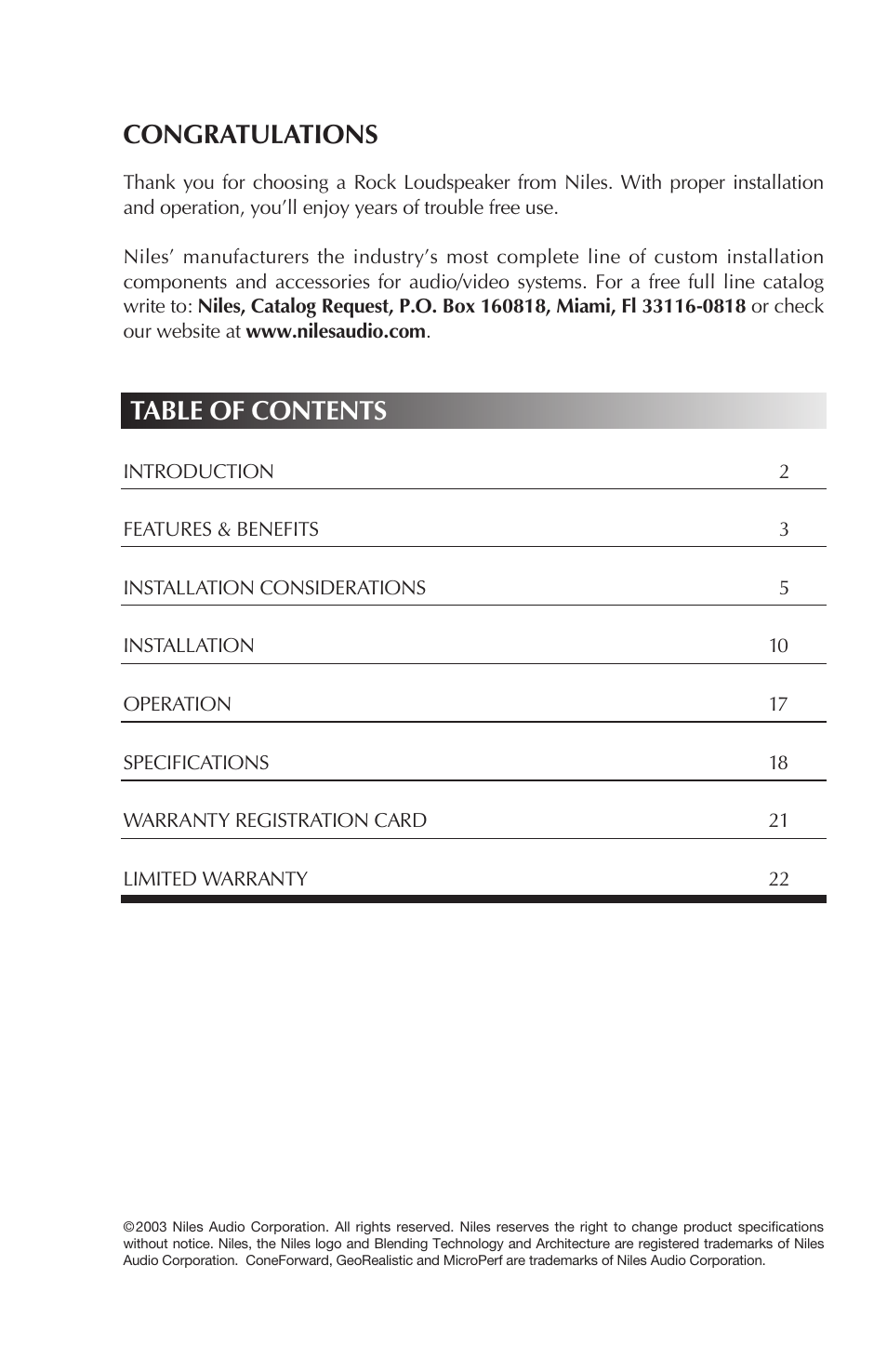 Niles Audio CORAL RS6 User Manual | Page 2 / 24