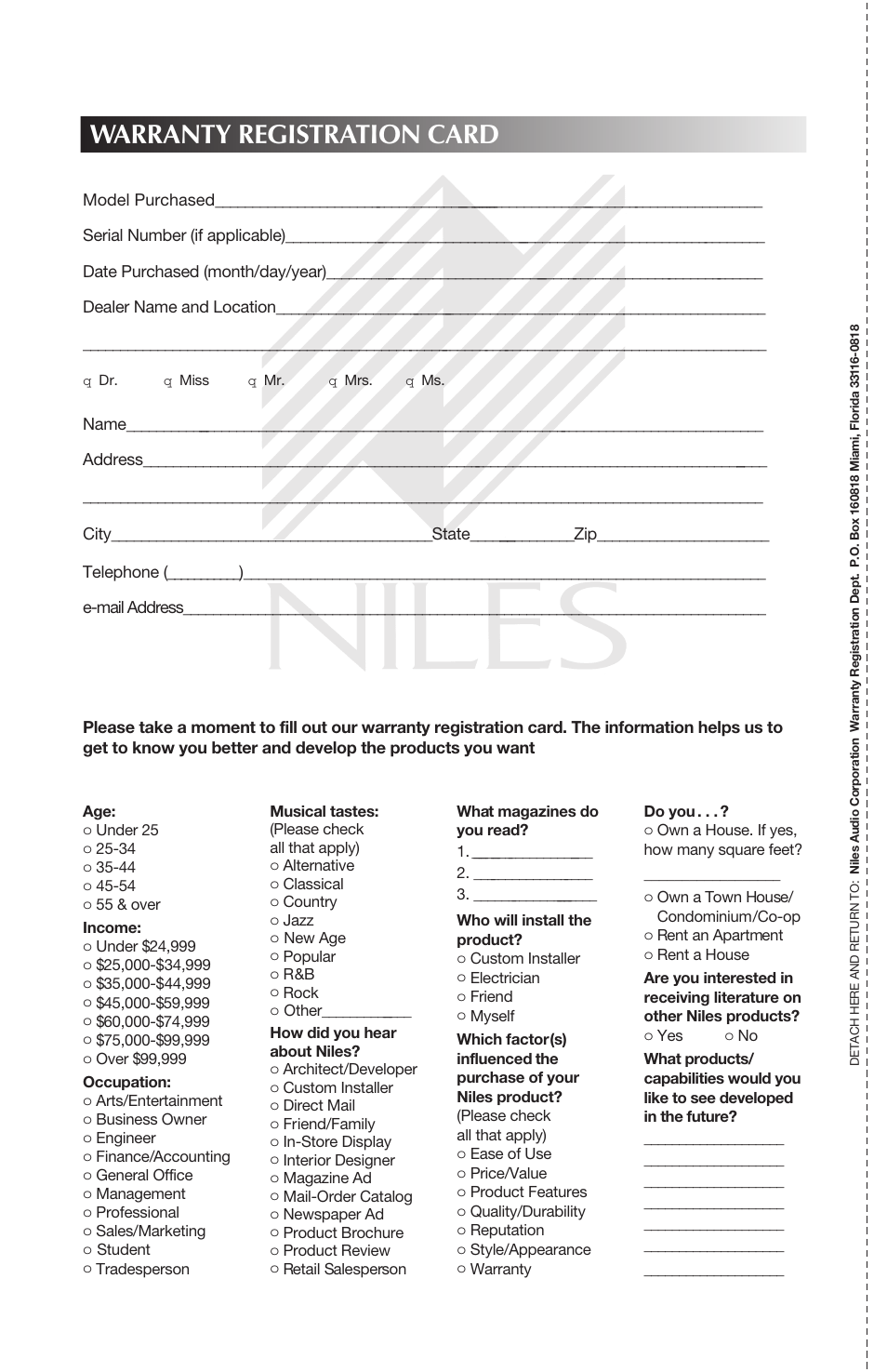 Warranty registration card | Niles Audio CORAL RS6 User Manual | Page 22 / 24