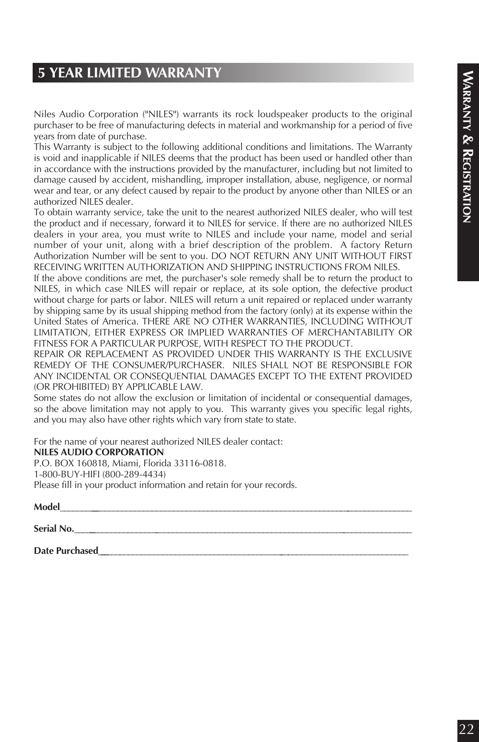5 year limited warranty | Niles Audio CORAL RS6 User Manual | Page 23 / 24