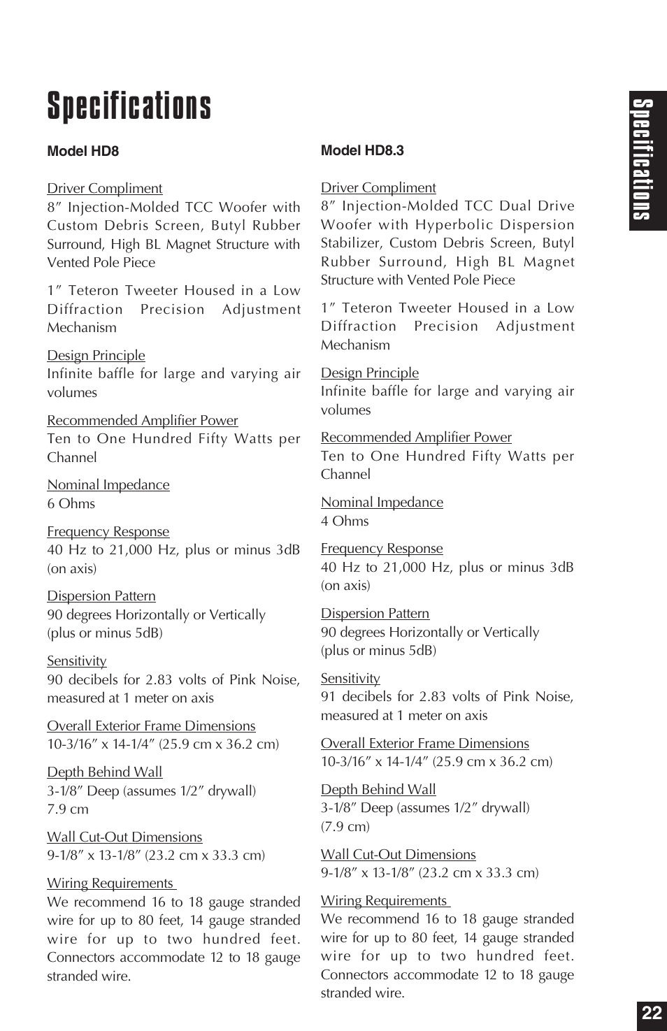 Specifications, Spe cifi cat ion s | Niles Audio HD5 User Manual | Page 23 / 28