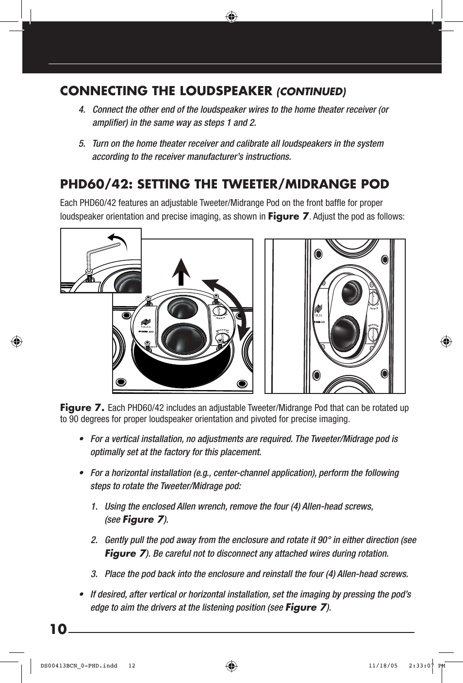 Connecting the loudspeaker, Phd60/42: setting the tweeter/midrange pod | Niles Audio PHD60 User Manual | Page 12 / 20