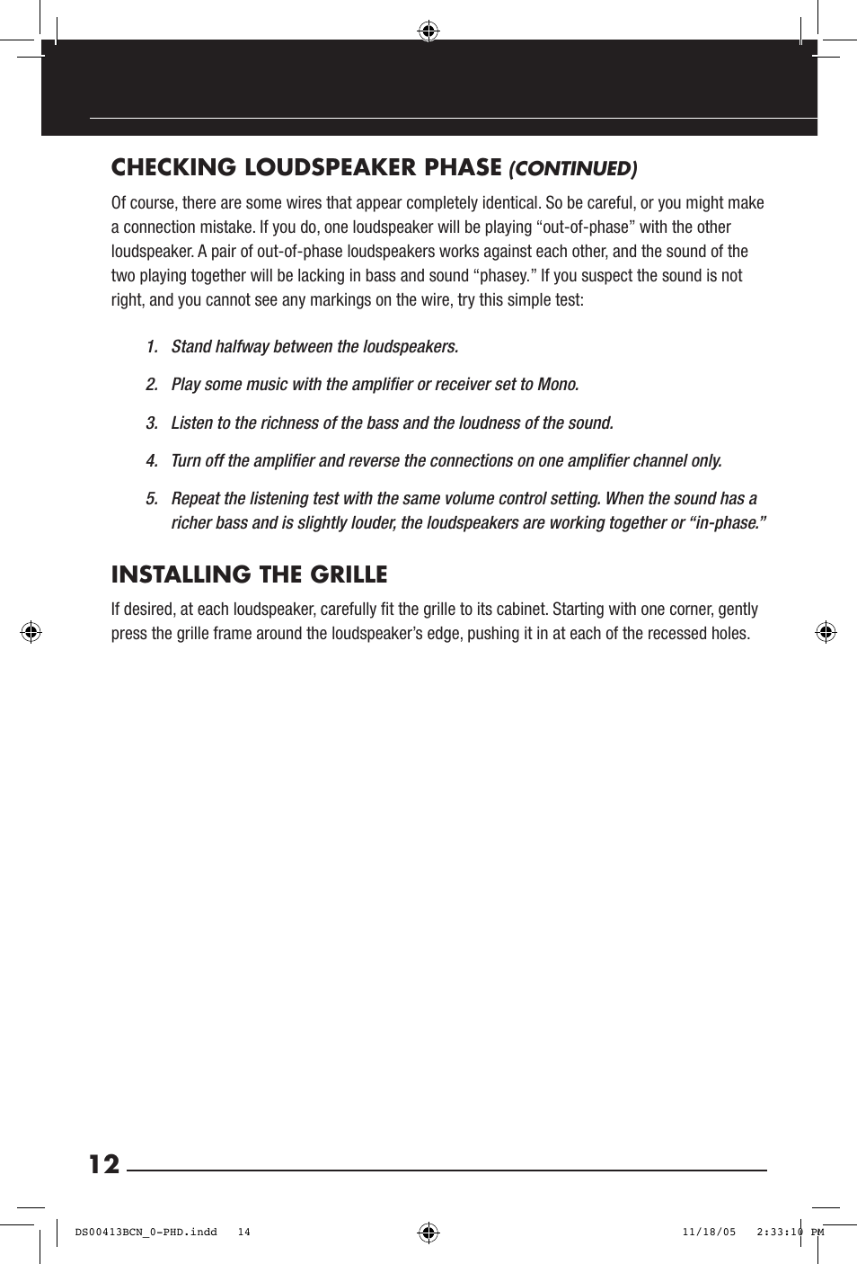 Checking loudspeaker phase, Installing the grille | Niles Audio PHD60 User Manual | Page 14 / 20