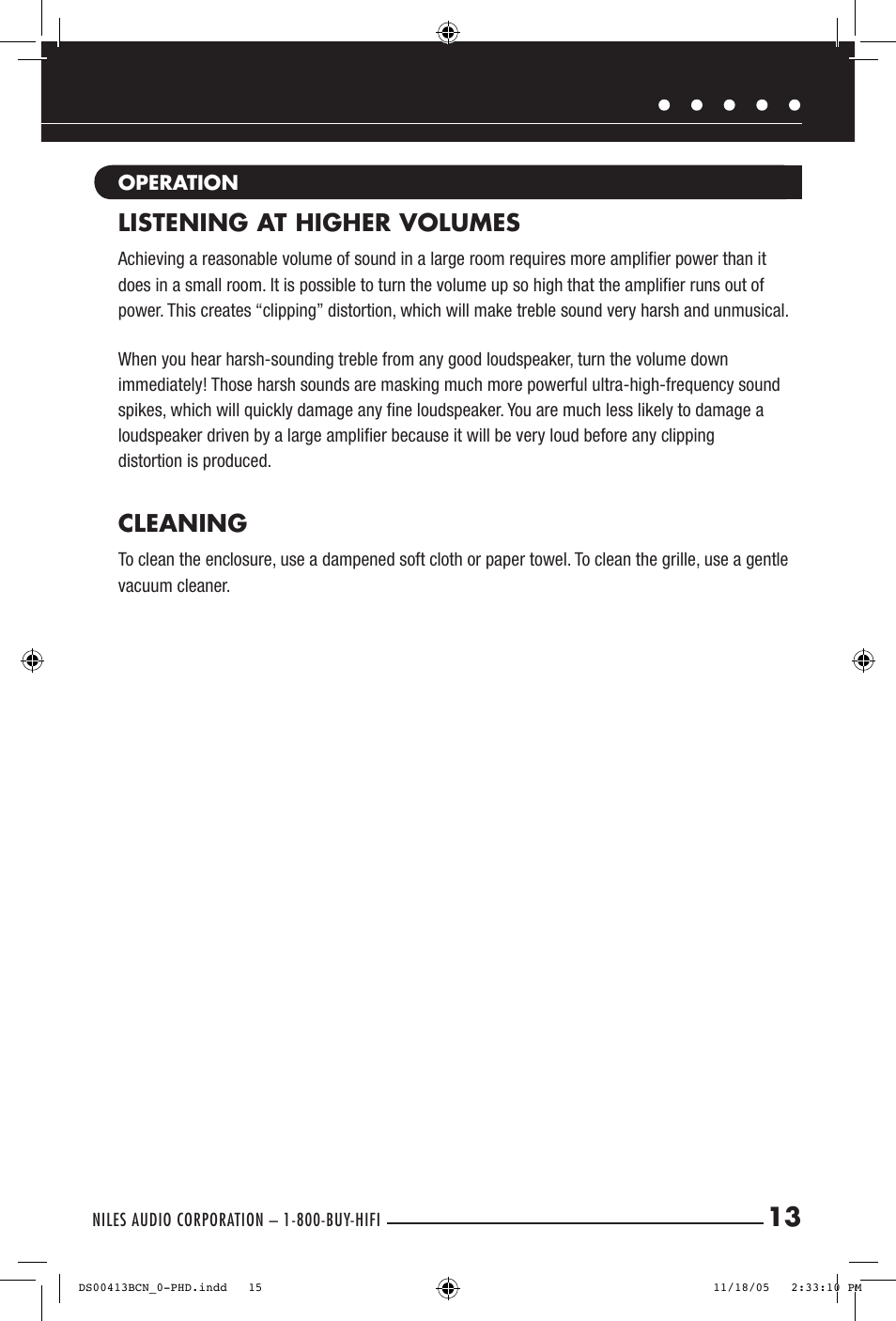 Listening at higher volumes, Cleaning | Niles Audio PHD60 User Manual | Page 15 / 20
