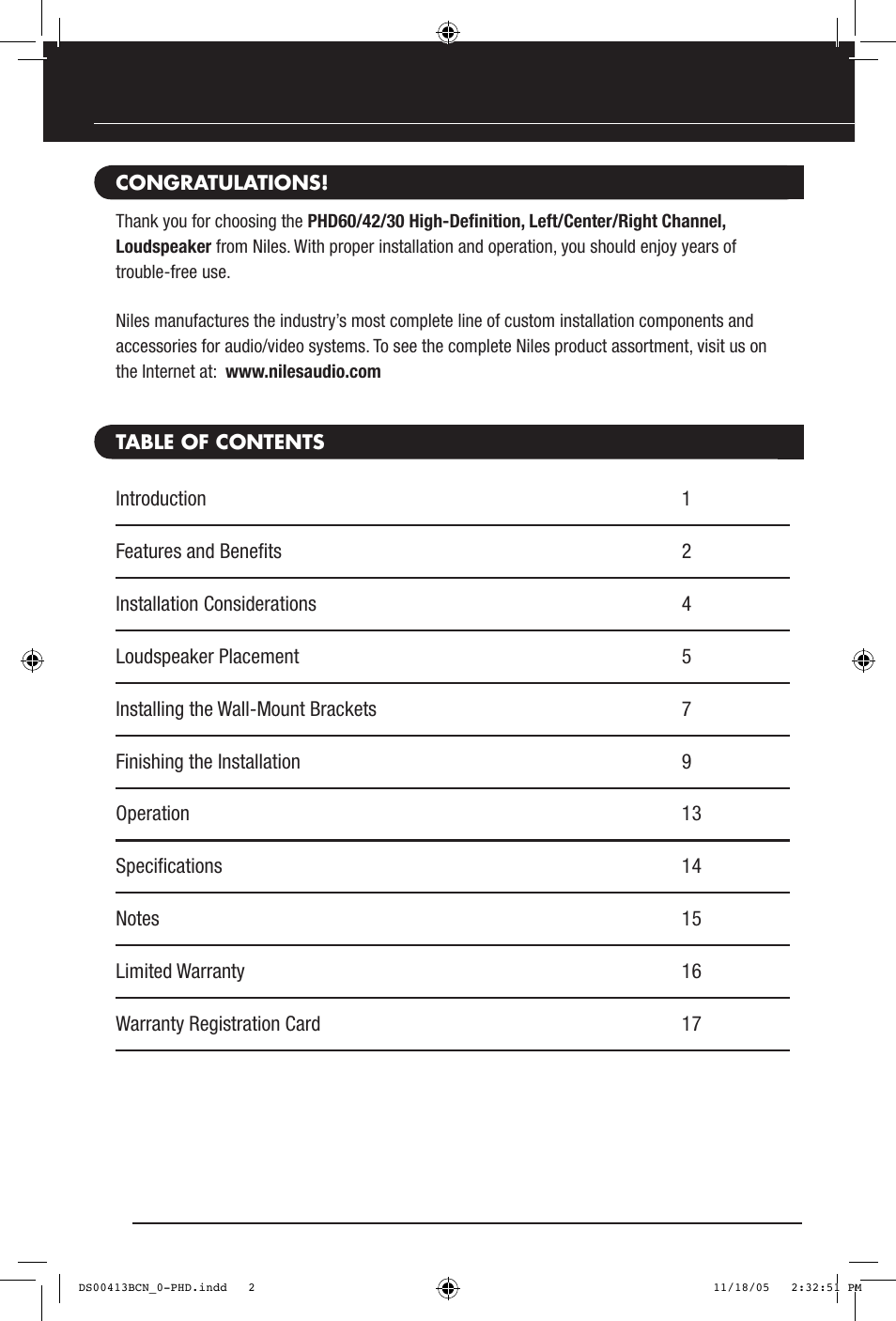 Niles Audio PHD60 User Manual | Page 2 / 20